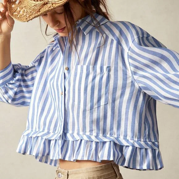 Blue white Casual Women's Vacation Striped Collared 3/4 Sleeve Ruffle top - Picture 6 of 7